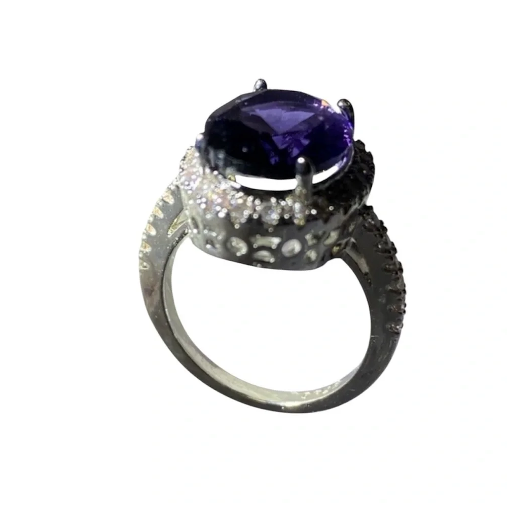 Sterling Silver amethyst prong set cocktail ring with gemstone halo bezel